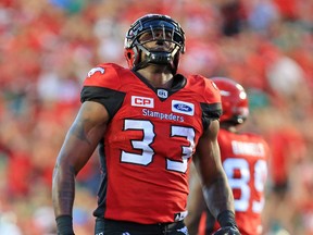 Calgary Stampeders' Jerome Messam celebrates after scoring a touchdown against the Saskatchewan Roughriders in Calgary on July 22, 2017. (Gavin Young/Postmedia)