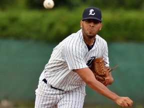 London Majors starting pitcher Luis Sanchez during game one of their IBL playoff game against the Burlington Herd at Labatt Park on Wednesday August 2, 2017.  (MORRIS LAMONT, The London Free Press)