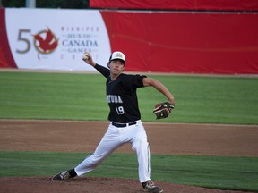 Jon Patmore of Team Manitoba fires a pitch during Monday's 10-4 win over PEI. Manitoba faces Alberta in one of Aug. 2, 2017's Canada Games semifinals at Shaw Park. (Joey Traa/Team Manitoba)