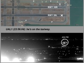 This composite of images released by the National Transportation Safety Board (NTSB) shows Air Canada flight 759 (ACA 759) attempting to land at the San Francisco International Airport in San Francisco on July 7. At top is a map of the runway created from Harris Symphony OpsVue radar track data analysis. At center is from a transmission to air traffic control from a United Airlines airplane on the taxiway. The bottom image, taken from San Francisco International Airport video and annotated by source, shows the Air Canada plane flying just above a United Airlines flight waiting on the taxiway. (NTSB via AP)