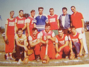 The Wallbridge intermediate C men's softball team made two trips to the provincial finals in the mid-1960s. In the back row from left: Dale Geen, Alex McNaught, James Fair, Peter Evans, Ralph Sine, ? Palmer and coach Allan Sills. In front: Bat boy Bill Dugeon, Barry Marshall, John Dugeon, Earl Reid and Peter McNaught. (Submitted photo)