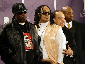 In this March 12, 2007, file photo, The Furious Five, from left, Scorpio, Melle Mel, Kidd Creole and Rahiem appear in the press room at the Rock & Roll Hall of Fame induction ceremony in New York. The Furious Five is being inducted into the Hall of Fame with Grandmaster Flash. One of the founding members of the 1980s hip hop group Grandmaster Flash and The Furious Five has been arrested in New York in connection with the fatal stabbing of a homeless man. Police say 57-year-old Nathaniel Glover, also known as The Kidd Creole, was arrested Wednesday night, Aug. 2, 2017, on murder charges. (AP Photo/Stuart Ramson, File)