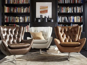 The Wells swivel chair by Pottery Barn is a nod to mid-century modern style. The Wells swivel chair incorporates classic detailing like tufting and the wing silhouette. (Pottery Barn via AP)