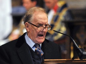 An Oct. 29, 2015 file photo of Robert Hardy, star of All Creatures Great and Small and the Harry Potter films, speaking in London. The veteran British stage and screen actor who played Minister for Magic Cornelius Fudge in the "Harry Potter" movies, has died at 91. His family says Hardy died Thursday, Aug. 3, 2017. Born in 1925, Hardy began his career in Shakespearean roles onstage in Stratford-upon-Avon in the years after World War II. (Nick Ansell/PA File via AP)