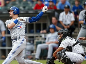 Josh Donaldson #20 of the Toronto Blue Jays hits a home run during the first inning against the Chicago White Sox at Guaranteed Rate Field on August 1, 2017 in Chicago, Illinois. (Michael Hickey/Getty Images)