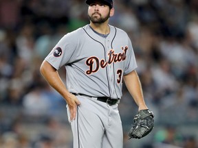 Michael Fulmer #32 of the Detroit Tigers reacts in the fourth inning against the New York Yankees on July 31, 2017 at Yankee Stadium in the Bronx borough of New York City. (Elsa/Getty Images)