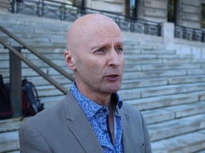 Curt Hull, program manager at Climate Change Connection, speaks to media about the new Manitoba Carbon Pricing Coalition on Thursday, Aug. 3, 2017. Hull, a spokesman for the coalition, said its main goal is to ensure Manitoba pursues carbon pricing as a way to reduce greenhouse gas emissions. (JOYANNE PURSAGA/Winnipeg Sun/Postmedia Network)