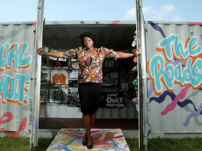 Yamikani Msosa, public education co-ordinator for the Sexual Assault Support Centre of Ottawa, stands outside the Sexual Assault Road Show shipping container on Montreal Road Thursday . The road show will run through August and features an art exhibit, workshops and is a resource hub for victims and families. JULIE OLIVER / POSTMEDIA