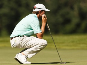 Kramer Hickok lines up a putt at the Syncrude Oil Country Championship at Windermere Golf and Country Club in Edmonton on Thursday, August 3, 2017.