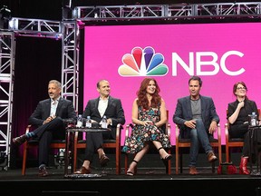 Co-creator/executive producers David Kohan, from left, and Max Mutchnick and actors Debra Messing, Eric McCormack, Megan Mullally and Sean Hayes participate in the "Will & Grace" panel during the NBC Television Critics Association Summer Press Tour at the Beverly Hilton on Thursday, Aug. 3, 2017, in Beverly Hills, Calif. ( Willy Sanjuan/Invision/AP)