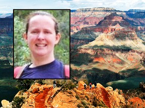 In this Feb. 22, 2005, file photo, with the North Rim in the background, tourists hike along the South Rim of the Grand Canyon in Grand Canyon, Ariz. Pictured: Sarah Beadle, 38, was discovered dead this week. (AP Photo/Rick Hossman, File)