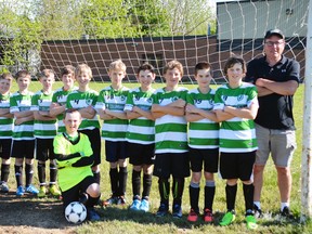 Coach Jim O'Reilly (left), Aiden England-Hunt, Brandon McNaughton, Brody Pawitch, Nolan Vessie, Ben O'Reilly, James McCarthy, Lucas Mahon, Thymen Vander Ploeg, Alex Fell, Jack Van Loon, Darwin MacDougald, Rhett Terpstra, Kyle Mills, Dale McCarthy (coach). In front is Jack Nolan and Caleb Templeman was absent. SUBMITTED