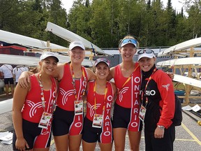 Laurentian University rower Hayley Chase, second from right, celebrate a gold medal for Team Ontario in the female quadruple sculls final at the Canada Summer Games on Thursday. Chase, from Alma, Ont., helped a Team Ontario foursome including Emma Dockray from Grimsby and Anna Maloney and Emily Stewart, both from Niagara Falls, to a first-place finish. Laurentian head coach Amanda Schweinbenz head coach of the Team Ontario women's contingent. Laurentian rowing photo