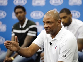 Los Angeles Clippers head coach Doc Rivers talks to reporters during an NBA basketball news conference held to introduce the team's new players Tuesday, July 18, 2017, in Los Angeles. (AP Photo/Jae C. Hong)