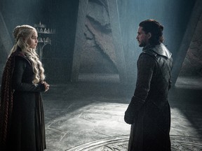 This photo provided by HBO shows Emilia Clarke as “Mother of Dragons” Daenerys Targaryen and Kit Harington as Jon Snow in a scene from HBO's "Game of Thrones." Most fans of the HBO hit series were enthralled to see Daenerys finally meet the resurrected Snow on the episode that aired Sunday, July 30, 2017. But, from an economic perspective, there were a number of missed opportunities. Doesn’t anyone on this show want to make a bundle? (Helen Sloan/Courtesy of HBO via AP)