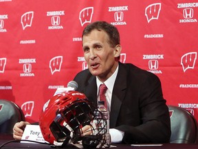 In this March 30, 2016, file photo, Tony Granato speaks at a press conference where he was introduced as the new head coach for the University of Wisconsin men's hockey team, in Madison, Wisc. (AP Photo/Wisconsin State Journal, Amber Arnold)