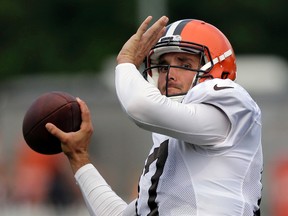 Cleveland Browns quarterback Brock Osweiler looks to pass during practice at the team's training camp facility on Aug. 2, 2017. (AP Photo/Tony Dejak)