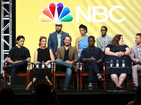 Milo Ventimiglia, from left, Mandy Moore, Chris Sullivan, Dan Fogelman, susan Kelechi Watson, Sterling K. Brown, Ron Cephas Jones, Chrissy Metz and Justin Hartley participate in the "This Is Us" panel during the NBC Television Critics Association Summer Press Tour at The Beverly Hilton on Thursday, Aug. 3, 2017, in Beverly Hills, Calif. (Photo by Willy Sanjuan/Invision/AP)