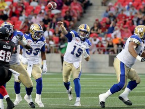 Winnipeg's QB Matt Nichols unloads during first-half action in the Ottawa Redblacks matchup with the Winnipeg Blue Bombers at TD Place in Ottawa Friday (August 4, 2017) Julie Oliver/Postmedia