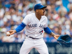 Toronto Blue Jays starting pitcher Marcus Stroman (6) reacts after being ejected from the game in Toronto on Thursday, July 27, 2017. (THE CANADIAN PRESS/Mark Blinch)