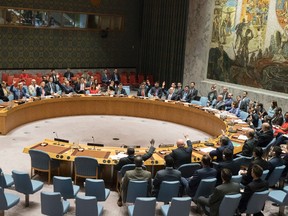 The United Nations Security Council votes on a new sanctions resolution that would increase economic pressure on North Korea to return to negotiations on its missile program, Saturday, Aug. 5, 2017 at U.N. headquarters. (AP Photo/Mary Altaffer)