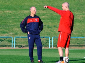Bob Bradley (left) recently became the head coach of the LAFC expansion team while son Michael Bradley is Toronto FC's captain.(GETTY IMAGES)
