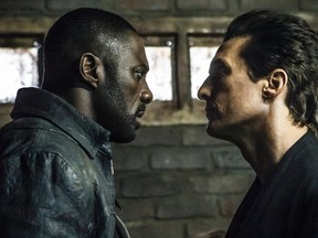 This image released by Sony Pictures shows Idris Elba, left, and Matthew McConaughey in the Columbia Pictures film, "The Dark Tower." (Ilze Kitshoff/Columbia Pictures/Sony via AP)
