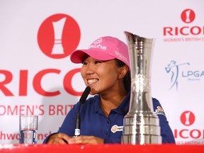 In-Kyung Kim of Korea answers questions from the media at a press conference following her victory during the final round of the Ricoh Women's British Open at Kingsbarns Golf Links on August 6, 2017 in Kingsbarns, Scotland. (Matthew Lewis/Getty Images)