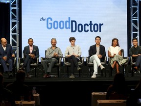 Richard Schiff, from left, Hill Harper, David Shore, Freddie Highmore, Daniel Dae Kim, Antonia Thomas and Nicholas Gonzalez participate in the "The Good Doctor" panel during the Disney ABC Television Critics Association Summer Press Tour at the Beverly Hilton on Sunday, Aug. 6, 2017, in Beverly Hills, Calif. (Photo by Willy Sanjuan/Invision/AP)