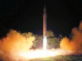 In this July 28, 2017, file photo distributed by the North Korean government on Saturday, July 29, 2017, shows what was said to be the launch of a Hwasong-14 intercontinental ballistic missile at an undisclosed location in North Korea. (Korean Central News Agency/Korea News Service via AP, File)