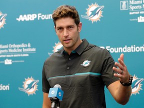 New Miami Dolphins quarterback Jay Cutler speaks at a news conference during an NFL football training camp, Monday, Aug. 7, 2017, in Davie, Fla. (AP Photo/Lynne Sladky)