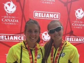 Maddy Mitchell (left) and Nicole Boyle show off the silver medals they won during the C-2 1,000m canoe event on Monday, Aug. 7, 2017, at the Canada Summer Games in Winnipeg. KEN WIEBE/Winnipeg Sun/Postmedia Network