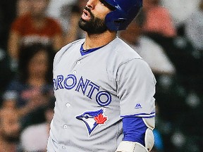 Toronto Blue Jays' Jose Bautista reacts to a called strike during the eighth inning of a baseball game against the Houston Astros on Aug. 6, 2017. (AP Photo/Eric Christian Smith)