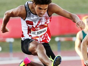 Belleville's Nate St. Romain competes in the open men's 400m hurdles event at the 2017 Canada Summer Games which wrapped up last weekend in Winnipeg. (Canada Summer Games photo)