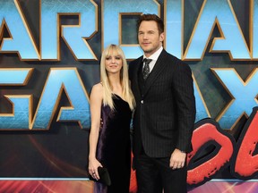 In this April 24, 2017, file photo, actors Anna Faris, left, and Chris Pratt pose for photographers upon arrival at the premiere of the film "Guardians of the Galaxy Vol.2" in London. Pratt and Faris have announced they are separating after eight years of marriage. The actors announced their breakup on social media Sunday, Aug. 6, in a joint statement confirmed by Pratt’s publicist. (Photo by Vianney Le Caer/Invision/AP, File)