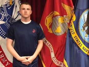 In this undated file photo provided by the U.S. Marine Corps, Tyler Jarrell, 18, poses for a photo. Jarrell was killed in a thrill ride accident at the Ohio State Fair on July 26, 2017, in Columbus, Ohio. Family and friends gathered in Grove City on Tuesday, Aug. 1, for the services for Jarrell. (U.S. Marine Corps via AP)