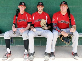 Noah Myers, left, of Wyoming, Jordan Marks of Bright's Grove and Jameson Hart of Sarnia will play baseball in the United States next season. Myers is going to Wabash Valley College, Marks to the University of South Carolina Upstate and Hart to Indian Hills Community College. They're playing this summer for the Great Lakes Canadians. (MARK MALONE/Postmedia Network)