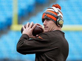 Johnny Manziel of the Cleveland Browns warms up before a game against the Carolina Panthers at Bank of America Stadium on December 21, 2014 in Charlotte. (Grant Halverson/Getty Images)