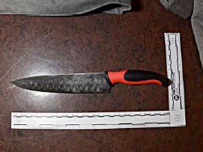 A Kingston Police photo shows a 12 inch kitchen knife that was used in an attempted robbery in downtown Kingston Saturday evening August 5 2017. Submitted Photo /The Whig-Standard/Postmedia Network