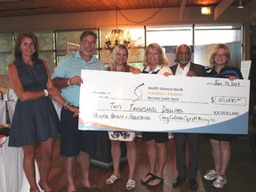 From left: Maureen McLelland, associate VP of clinical transformation and transitions at HSN; Greg Gibson, president and CEO of Sprott Mining Inc.; Natalie Aubin, administrative director of mental health and addictions; Cindy Gibson; Dr. Rayudu Koka, medical director of mental health and addictions; and Mary Lou Hussak, president and CEO of the HSN Foundation. (SUPPLIED PHOTO)