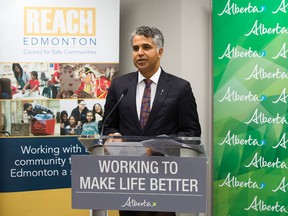 Community and Social Services Minister Irfan Sabir announces $600,000 in support in combating family violence for new Albertans during a press conference, in Edmonton Tuesday Aug. 8, 2017. Photo by David Bloom