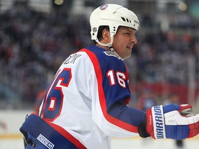 Winnipeg Jets forward Eddie Olczyk looks for a penalty call during the Heritage Classic alumni game against the Edmonton Oilers in Winnipeg on Sat., Oct. 22, 2016. (Postmedia Network)