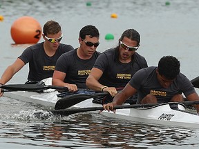 Team Manitoba's K-4 1,000-metre team of Sacha Skirzyk, Zachary Adams, James Lavallee and Hayden Fellner (from left) catch their breath after a fifth-place finish during Canada Games competition at the Manitoba Canoe and Kayak Centre on Churchill Drive in Winnipeg on Tues., Aug. 8, 2017. Kevin King/Winnipeg Sun/Postmedia Network