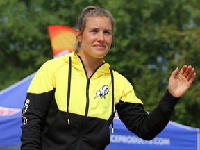 Maddy Mitchell of Team Manitoba steps to the podium to receive her bronze medal in the C-1 1000-metre event during Canada Games competition at the Manitoba Canoe and Kayak Centre on Churchill Drive in Winnipeg on Aug. 8, 2017. (Kevin King/Winnipeg Sun/Postmedia Network)