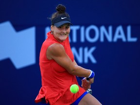 Bianca Andreescu plays a shot against Timea Babos during Day 4 of the Rogers Cup at Aviva Centre on Aug. 8, 2017 in Toronto. (Vaughn Ridley/Getty Images)