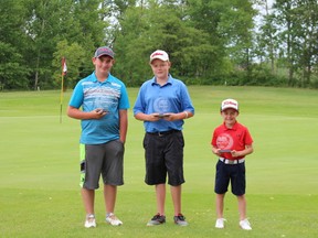 Kody Fortier (left) took home top prize at the Jr. Invitational Golf Tournament recently held in Cochrane. He took the Juvenile Division. Jack Stewart also of Cochrane took the Bantam Division and Nicolas Racicot of Smooth Rock Falls captured the nine and under division