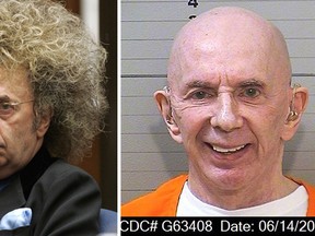 In this May 23, 2005 file photo music producer Phil Spector appears during his trial at the Los Angeles Superior Court in Los Angeles. A June 14, 2017 mugshot provided by the California Department of Corrections and Rehabilitation shows Spector completely free of the huge hair that was so striking during his murder trial. The 76-year-old music producer is smiling broadly and wearing hearing aids on both ears. He was convicted in 2009 of killing actress Lana Clarkson, and is serving a sentence of 19 years to life. (AP Photo/Damian Dovarganes, File) and This June 14, 2017 mugshot provided by the California Department of Corrections and Rehabilitation shows rock 'n' roll music producer Phil Spector, completely free of the huge hair that was so striking during his murder trial. The 76-year-old music producer is smiling broadly and wearing hearing aids on both ears. He was convicted in 2009 of killing actress Lana Clarkson, and is serving a sentence of 19 years to life. (California Department of Corrections and Rehabilitation via AP)
