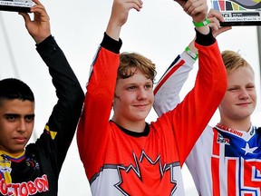 Trenton's Cole Zufelt, 13, celebrates at win at the 2017 BMX world championships held recently in Rock Hill, SC. (Photo submitted)