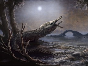 This handout image released by the Trustees of the Natural History Museum in London on August 8, 2017 shows an artists rendering of a Lemmysuchus, a Jurassic-era sea-dwelling crocodile. (AFP PHOTO/Trustees of the NHM, London/Mark WITTON)