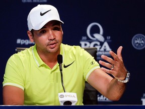 Jason Day talks during a news conference at the PGA Championship at the Quail Hollow Club Wednesday, Aug. 9, 2017, in Charlotte, N.C. (AP Photo/Chris Carlson)